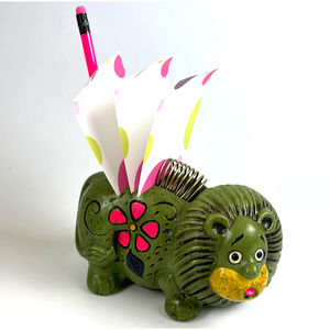 1970's Lion Bank, Pen And Note Holder Neon Black Light Glowy Pink Green Yellow